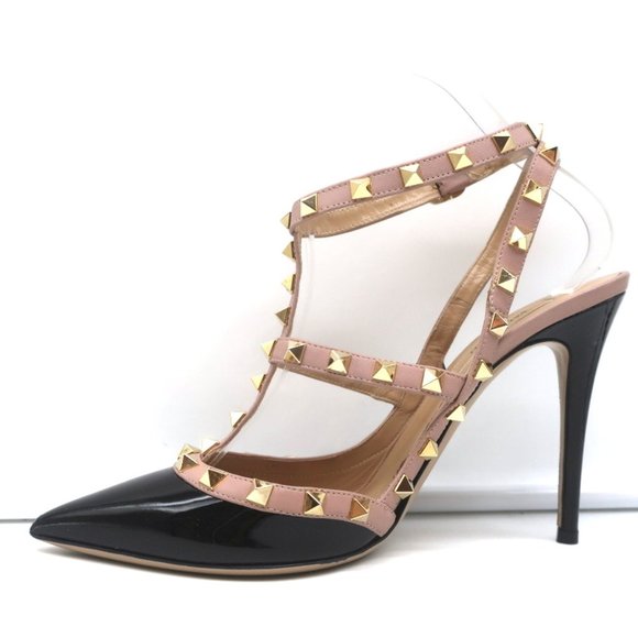 VALENTINO ROCKSTUD CAGED SLINGBACK PUMPS BLACK PATENT & POUDRE LEATHER SIZE 39 - Picture 7 of 12